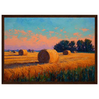 Impasto painting of round bales on ochre stubble, framed in dark brown wood