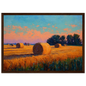 Impasto painting of round bales on ochre stubble, framed in dark brown wood