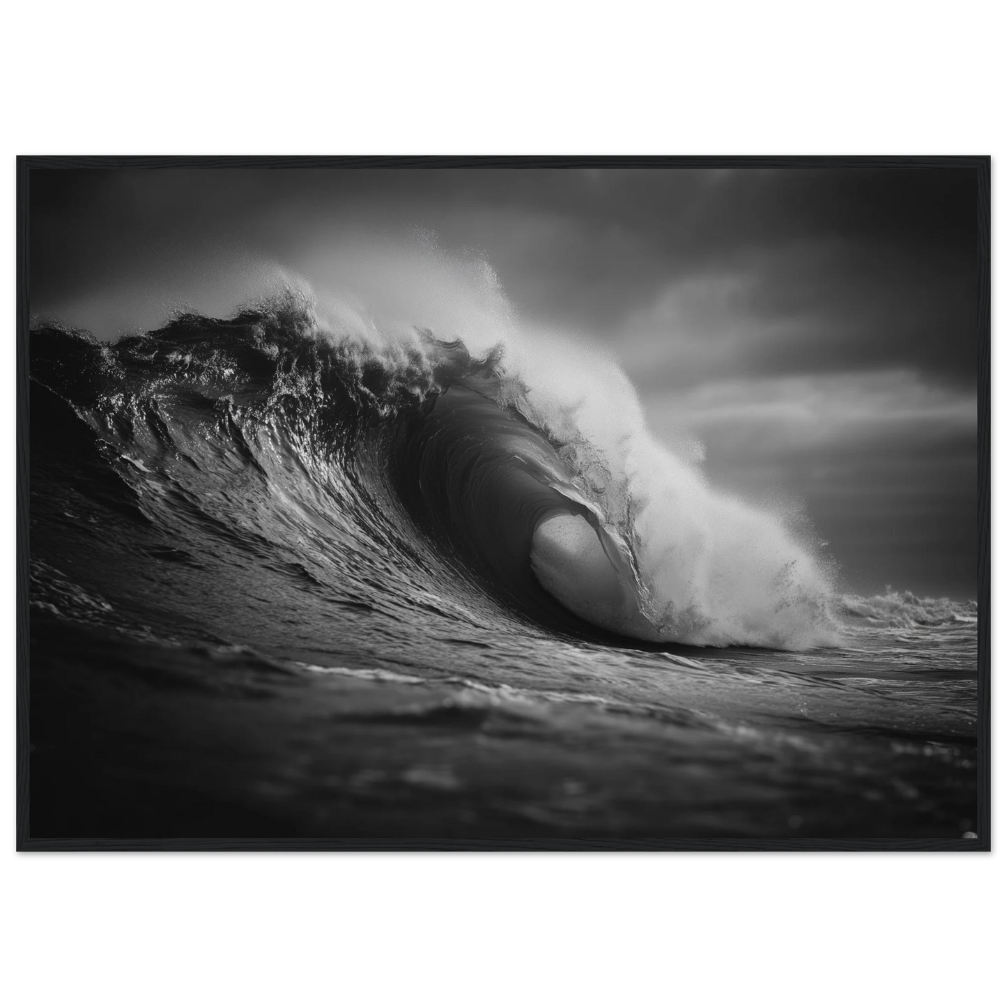 Black and white ocean wave print in a slim dark frame