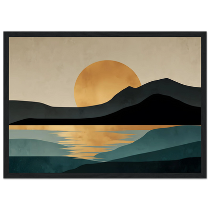 Bold teal and gold minimalist landscape print in a black frame