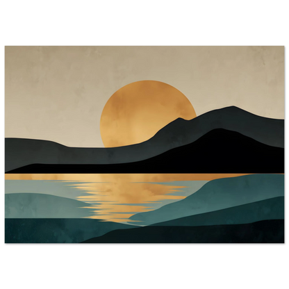 Minimalist landscape print: a black headland silhouette against a large gold sun, above layered teal water, in a slim dark frame