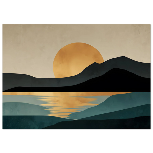 Minimalist landscape print: a black headland silhouette against a large gold sun, above layered teal water, in a slim dark frame