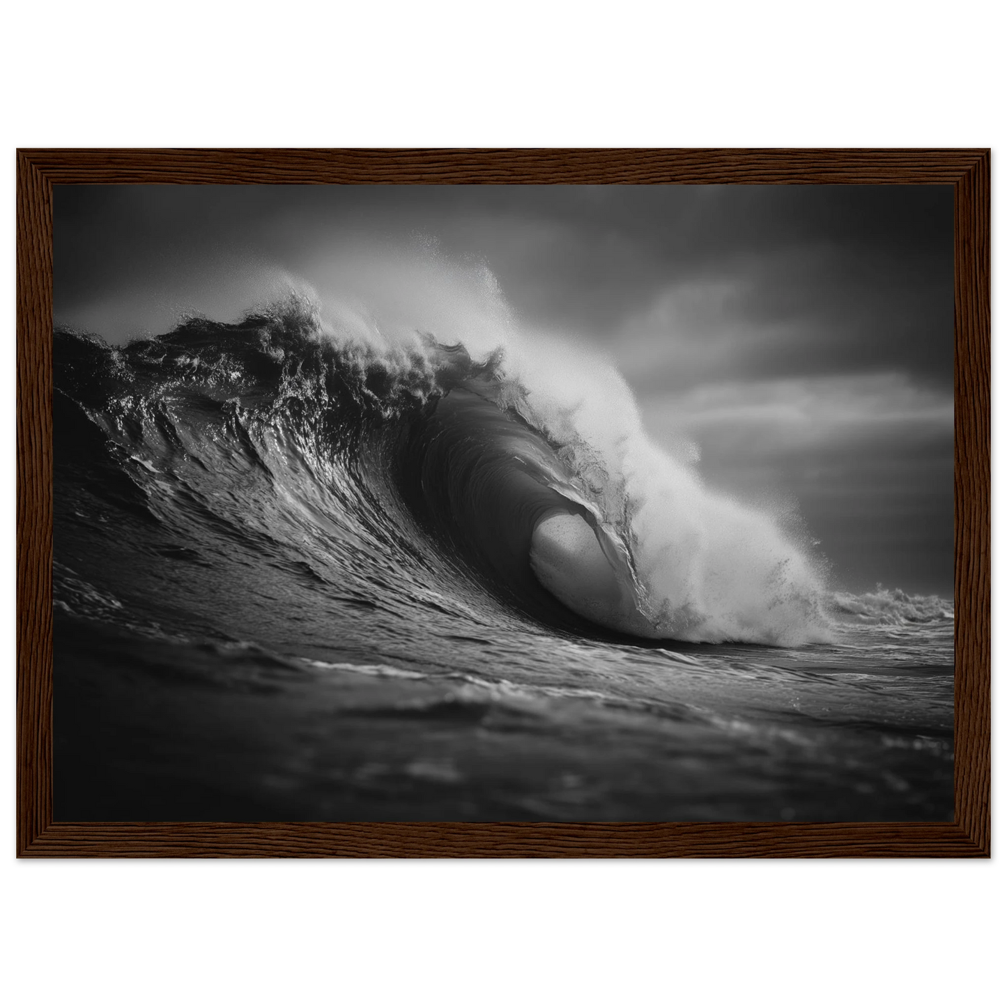 Curling wave with spray lifting from the crest, framed in dark brown wood