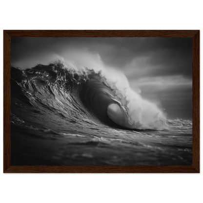 Curling wave with spray lifting from the crest, framed in dark brown wood