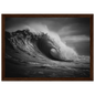 Curling wave with spray lifting from the crest, framed in dark brown wood
