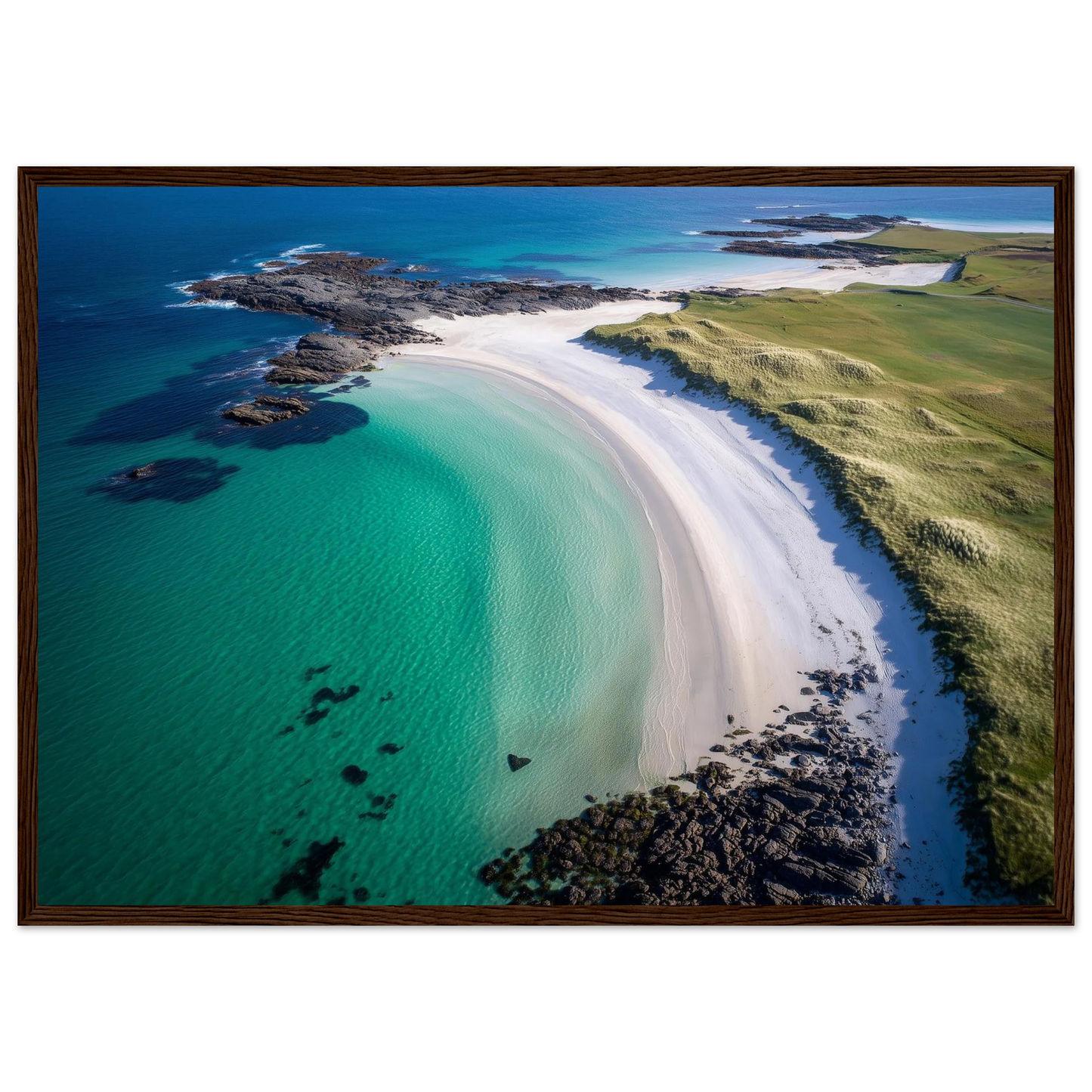 Hebridean shore with dark gneiss and shell sand, framed in warm dark wood