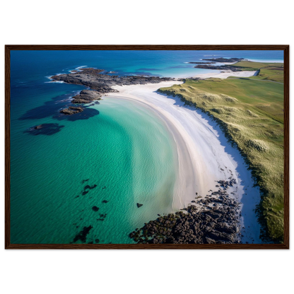 Hebridean shore with dark gneiss and shell sand, framed in warm dark wood