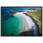Hebridean shore with dark gneiss and shell sand, framed in warm dark wood