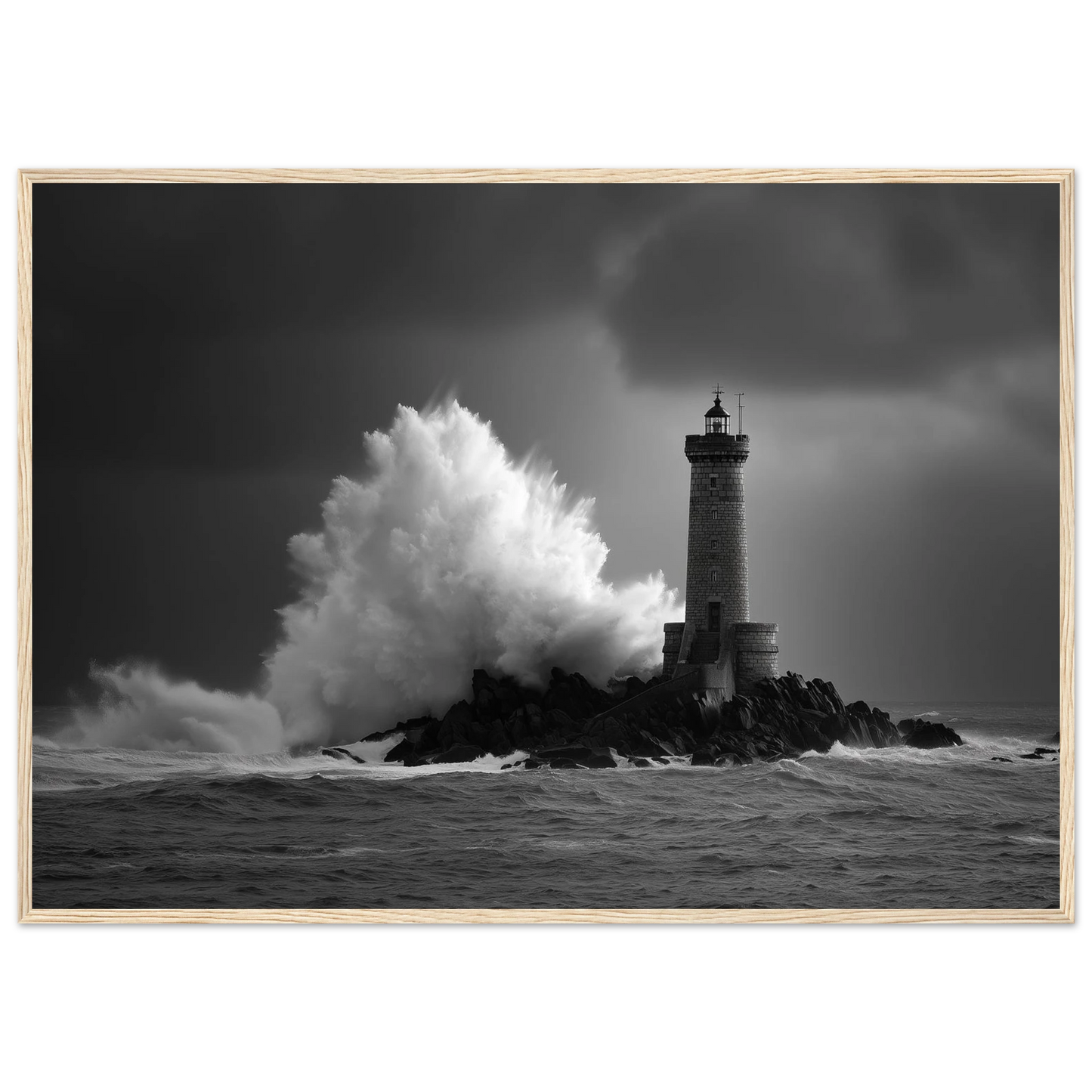 Stone lighthouse struck by a wave, monochrome print in a pale wood frame