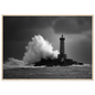 Stone lighthouse struck by a wave, monochrome print in a pale wood frame