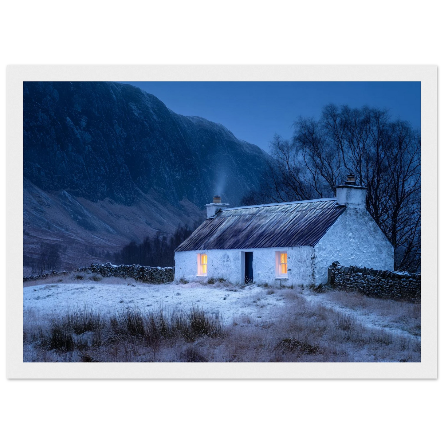 Cosy croft in the snow, print in a white frame with a wide mount