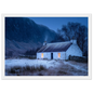 Cosy croft in the snow, print in a white frame with a wide mount