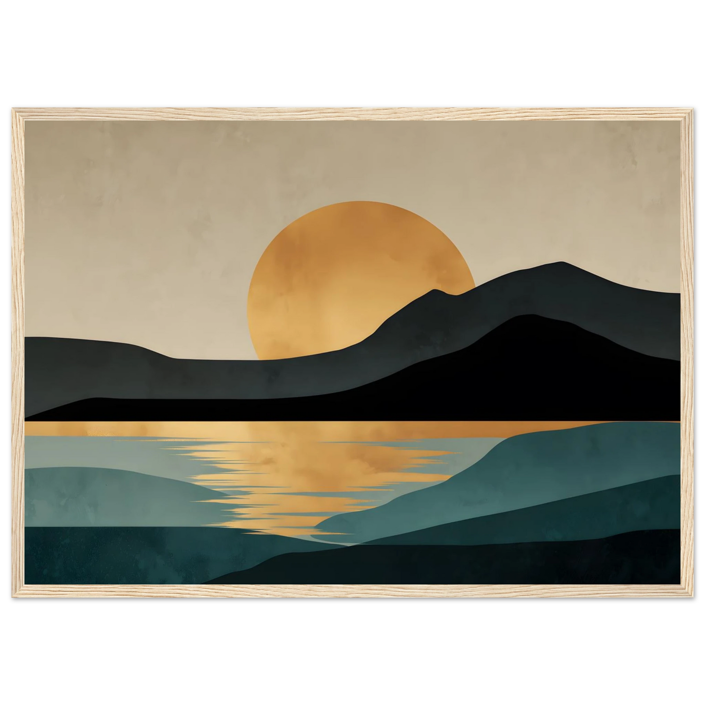 Gold sun over still water minimalist art print in a natural light wood frame