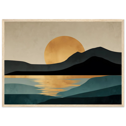 Gold sun over still water minimalist art print in a natural light wood frame