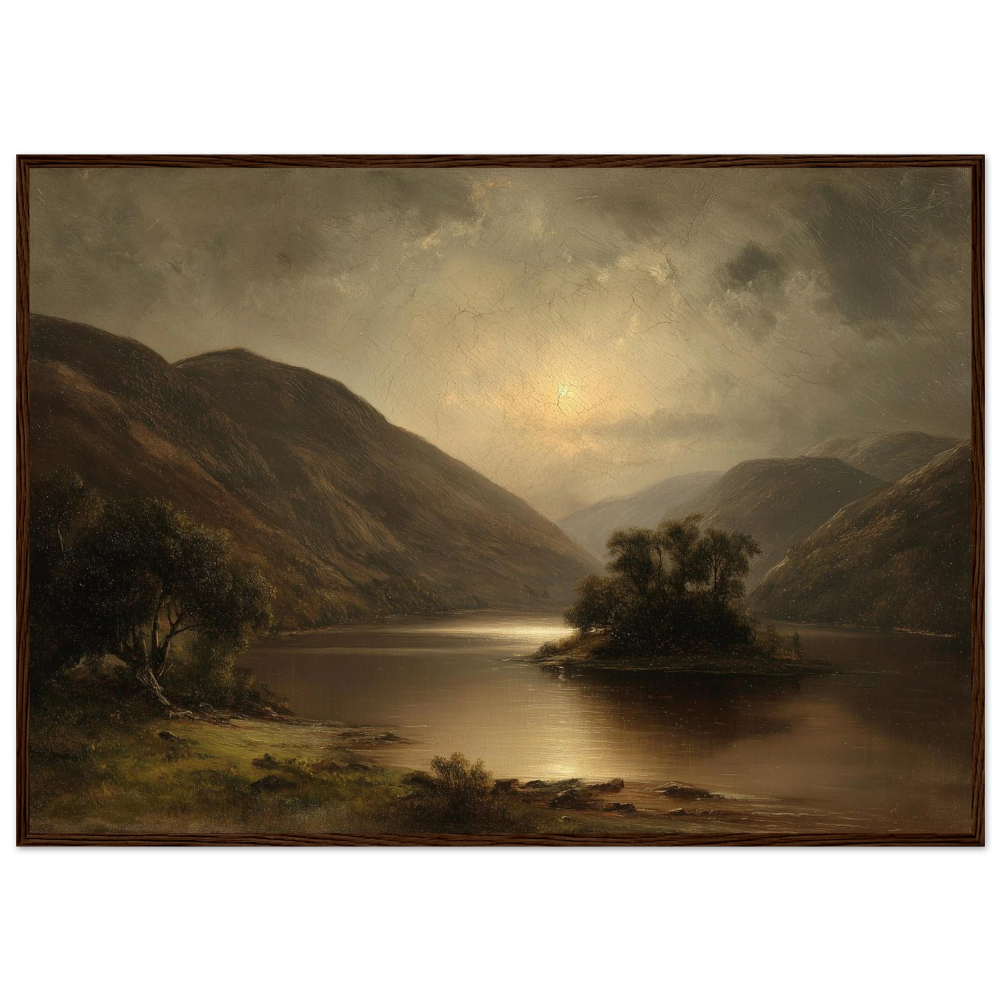 Romantic Scottish loch painting in a dark red-brown wood frame