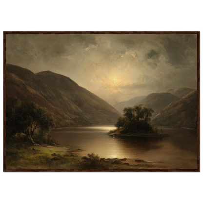 Romantic Scottish loch painting in a dark red-brown wood frame