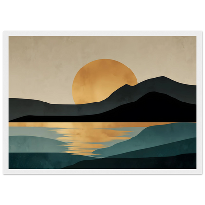 Boho gold sun and teal water wall art in a white frame