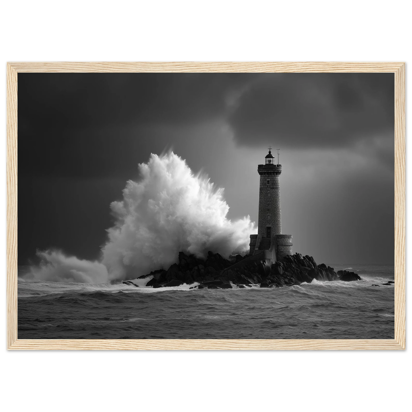 Black and white lighthouse storm scene, framed in light oak