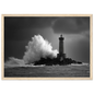 Black and white lighthouse storm scene, framed in light oak