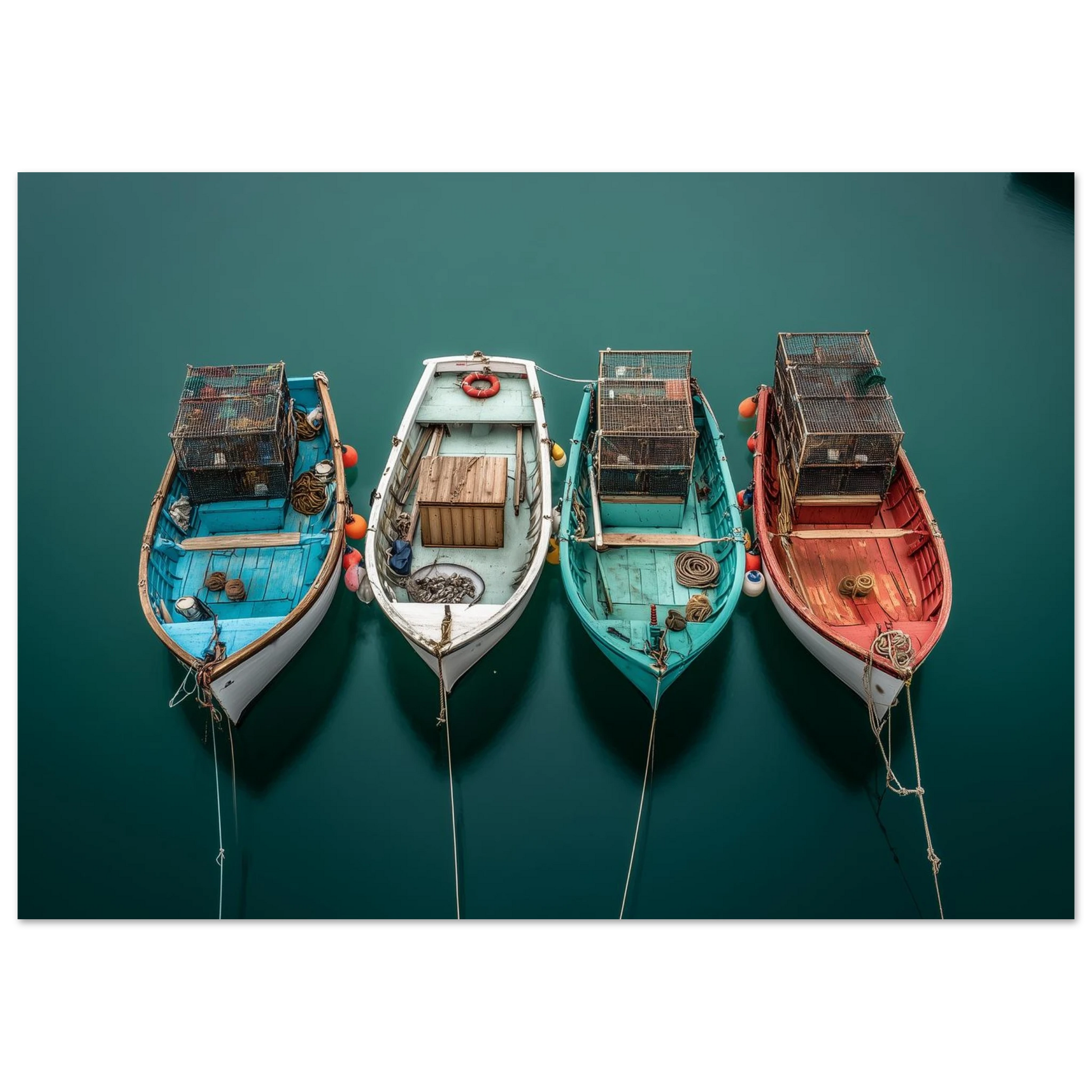 Four boats on their moorings, aerial view, print in a slim dark frame