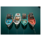 Four boats on their moorings, aerial view, print in a slim dark frame