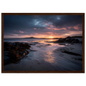 Dramatic low tide sunset in a wide dark brown wood frame