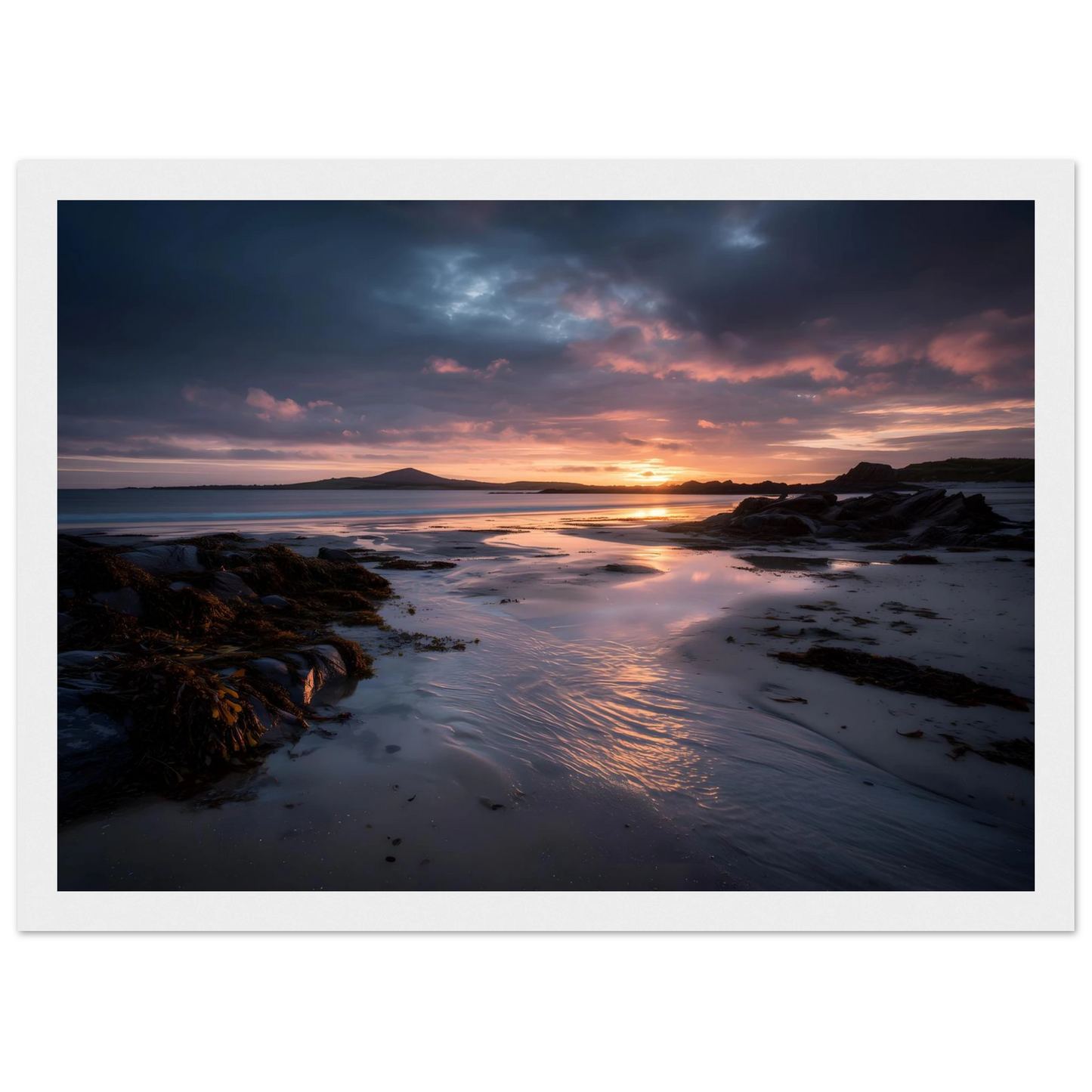 Coastal sunset at low tide in a white frame with a wide white mount
