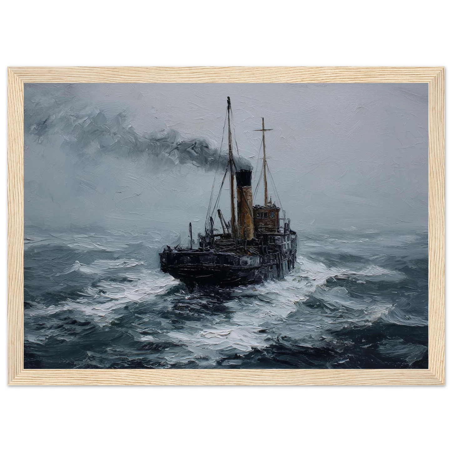 Puffer in a storm with wind-torn smoke, framed in light natural wood