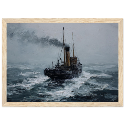 Puffer in a storm with wind-torn smoke, framed in light natural wood
