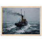 Puffer in a storm with wind-torn smoke, framed in light natural wood