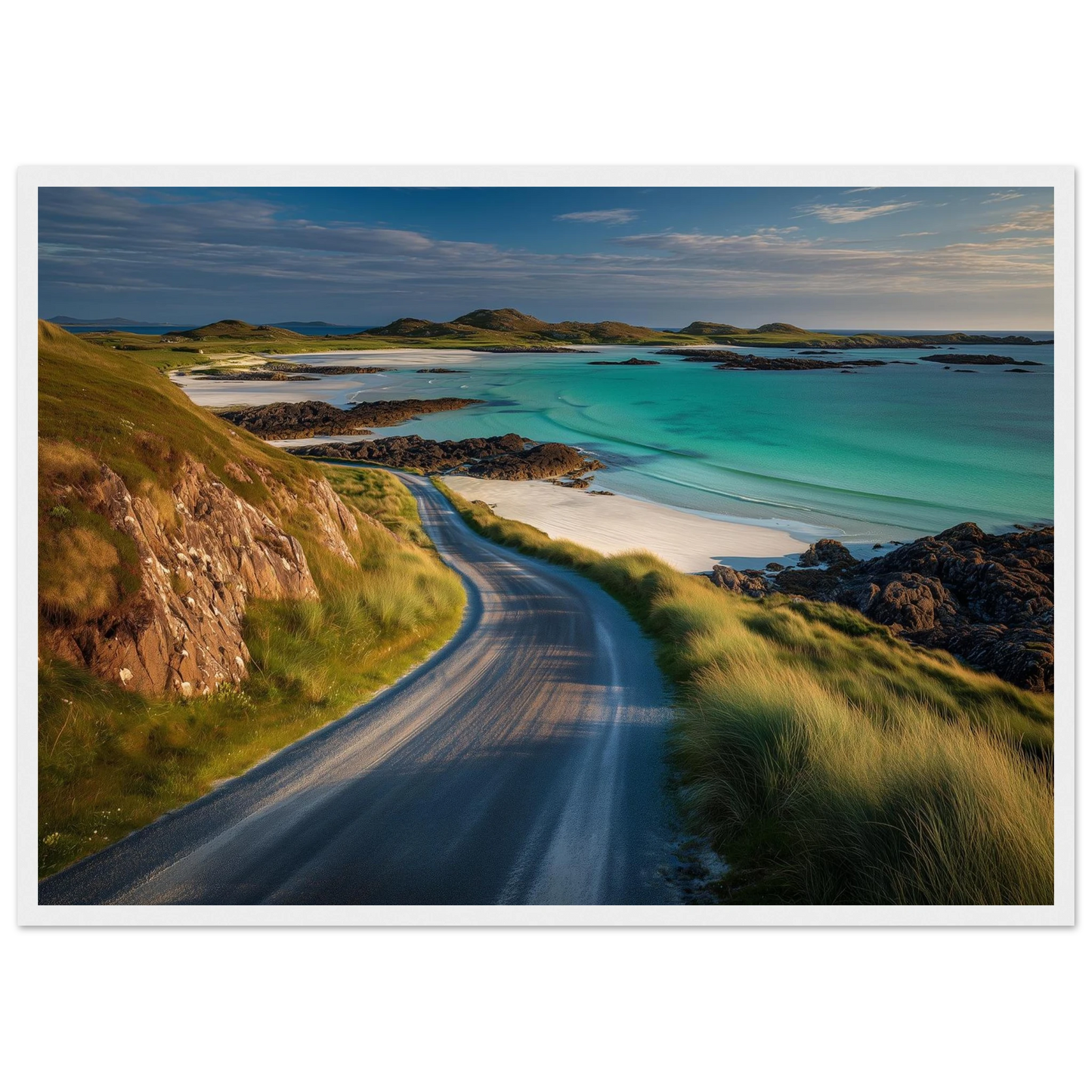 Scottish island road above white sand, framed in white