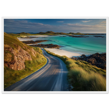 Scottish island road above white sand, framed in white
