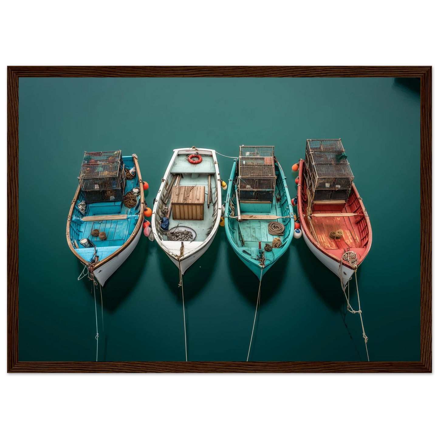 Moored fishing boats from above, framed in dark brown wood