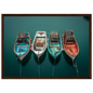 Moored fishing boats from above, framed in dark brown wood