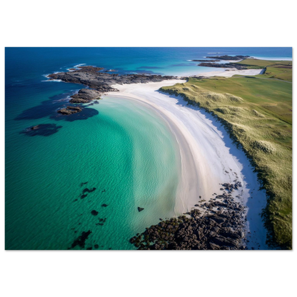 Aerial view of a curved white shell-sand beach with turquoise shallows, dark rocks and green machair, print in a slim dark frame