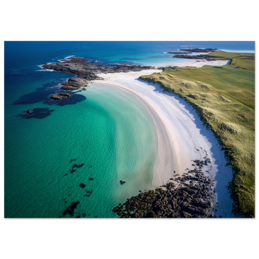 Aerial view of a curved white shell-sand beach with turquoise shallows, dark rocks and green machair, print in a slim dark frame