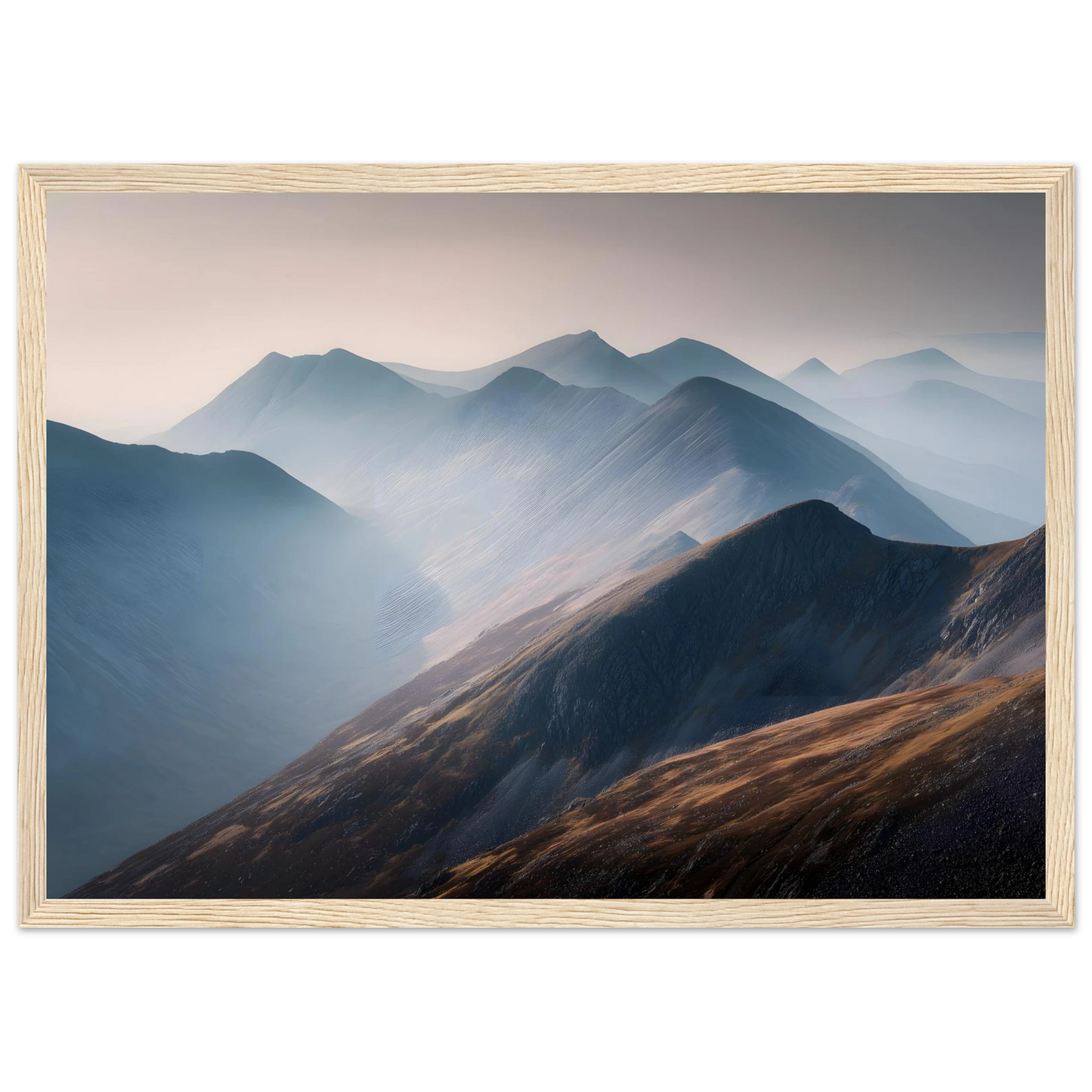 Misty mountain ridges wall art in a pale wood frame with a wide mount