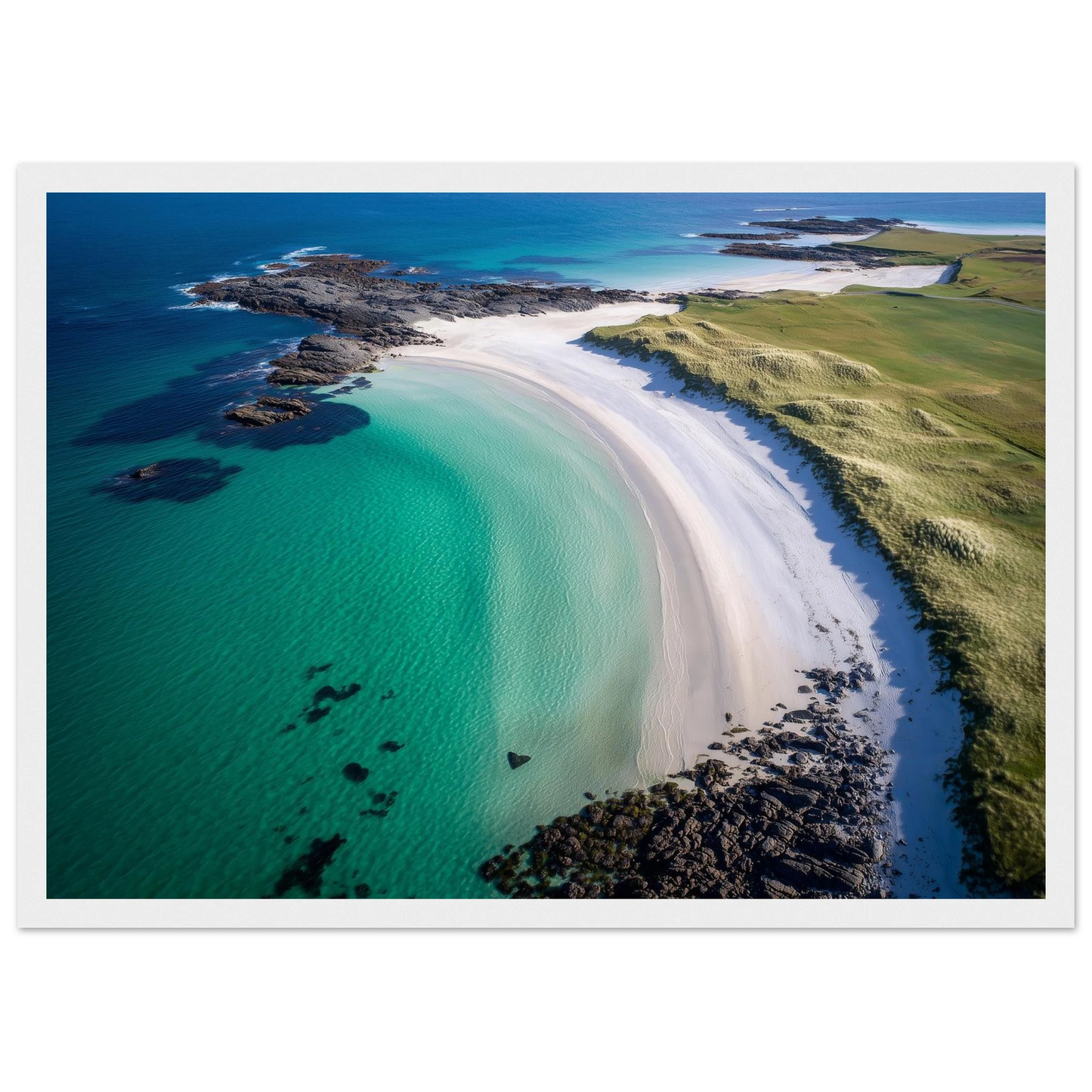 White sand and jade water on a Scottish island, framed in white with a wide mount
