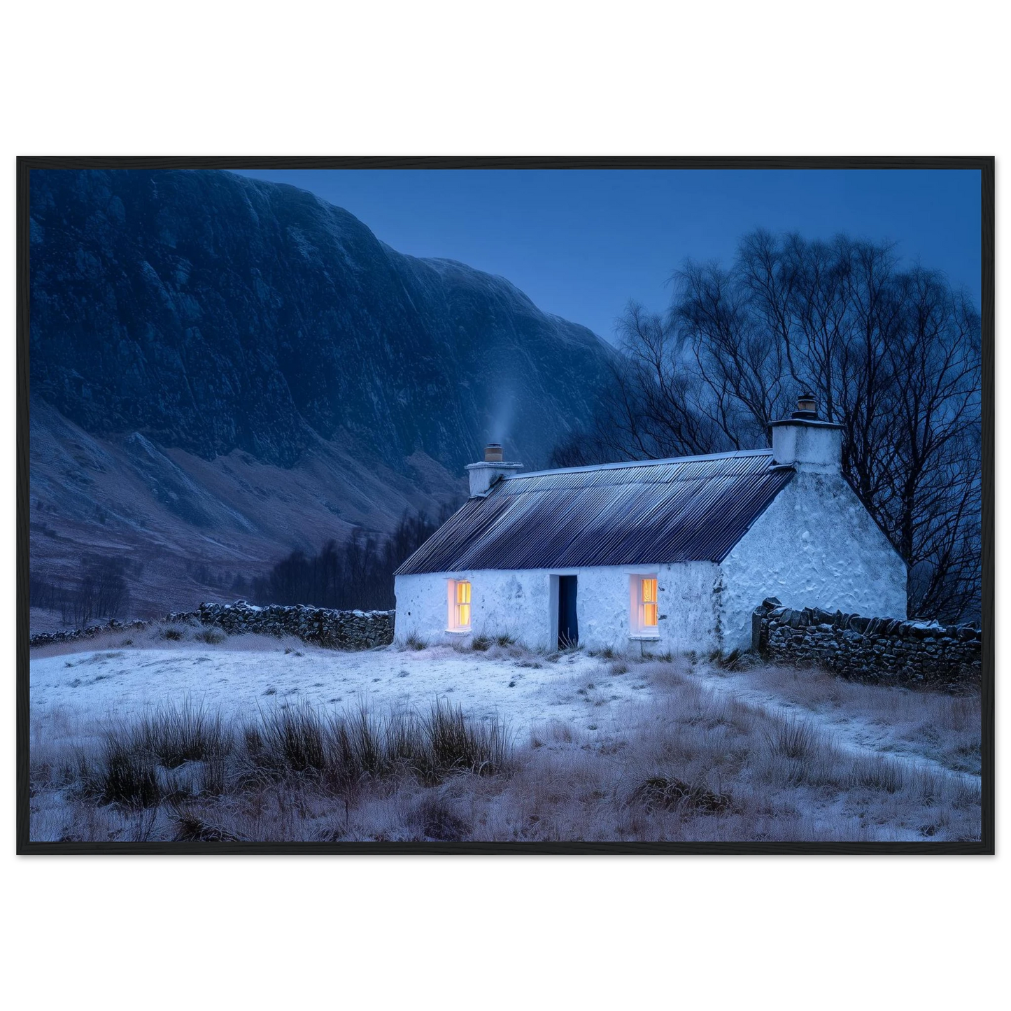 Highland croft at winter dusk, framed in a dark grey frame