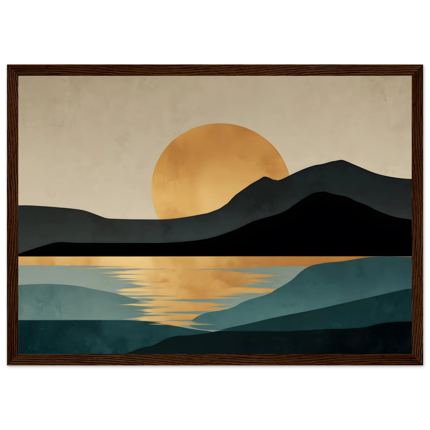 Boho landscape poster of a gold sun over dark hills and teal water, in a dark wood frame
