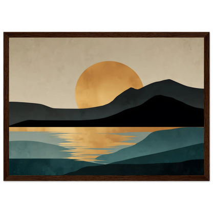 Boho landscape poster of a gold sun over dark hills and teal water, in a dark wood frame