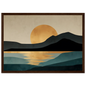 Boho landscape poster of a gold sun over dark hills and teal water, in a dark wood frame