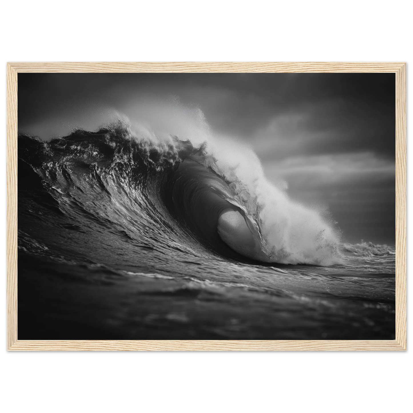 Monochrome ocean wave, framed in pale natural wood