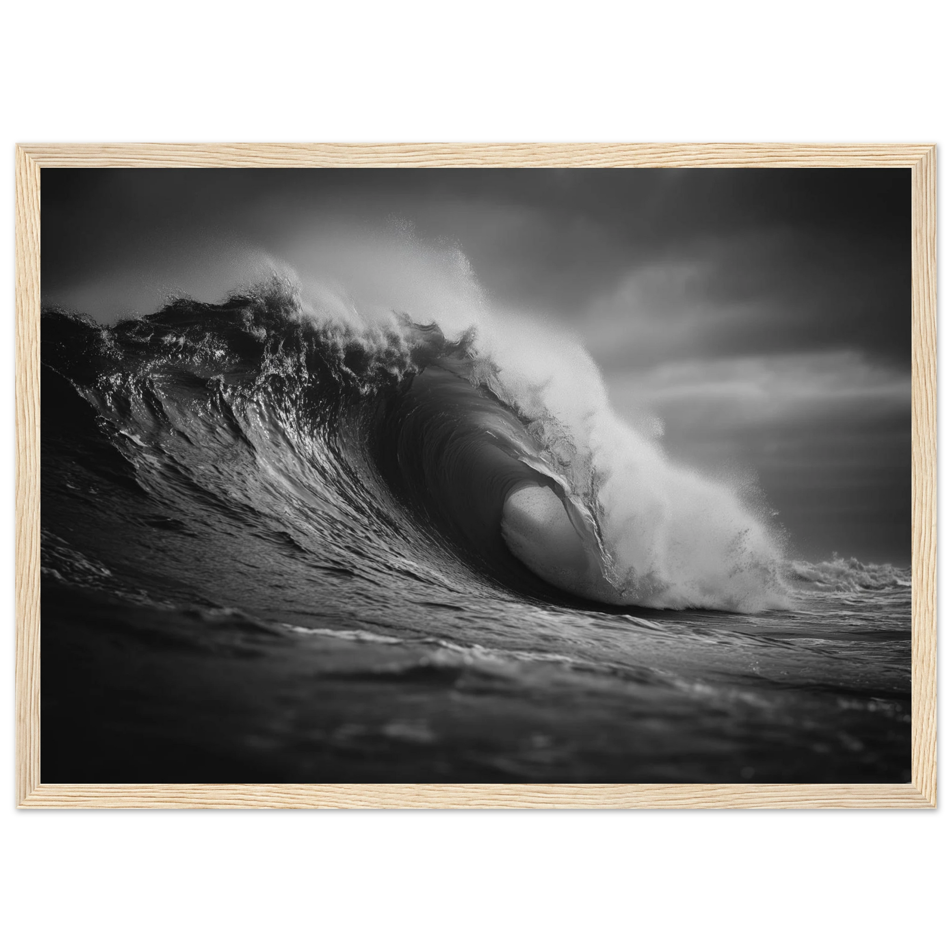 Monochrome ocean wave, framed in pale natural wood