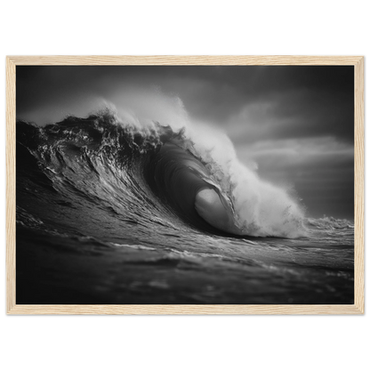 Monochrome ocean wave, framed in pale natural wood