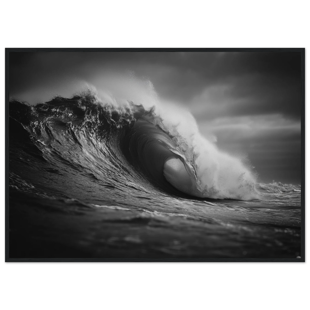 Black and white ocean wave print in a slim dark frame