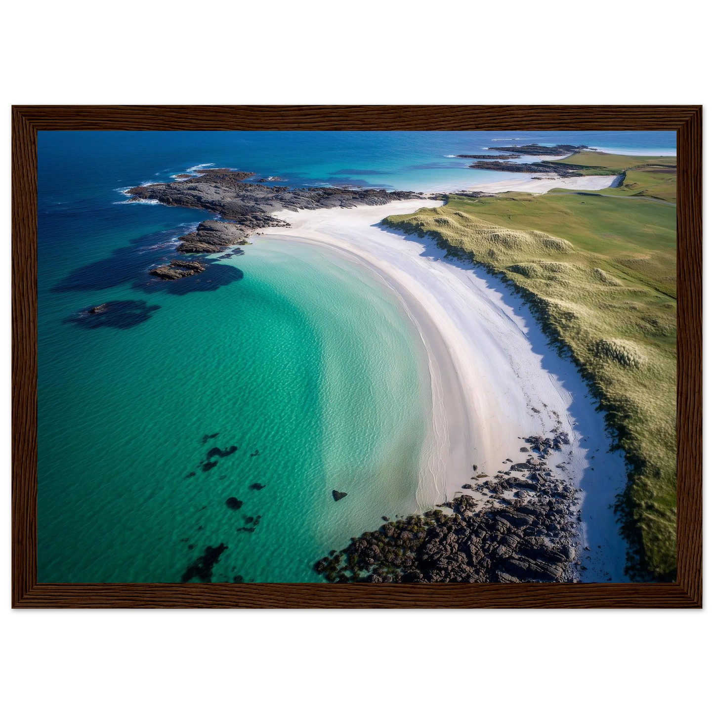 Aerial coastal view with machair and shell sand, framed in wide dark brown wood