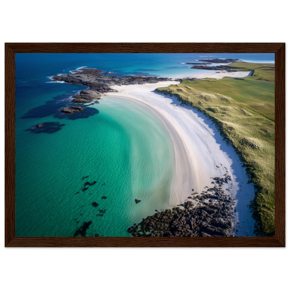 Aerial coastal view with machair and shell sand, framed in wide dark brown wood