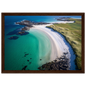 Aerial coastal view with machair and shell sand, framed in wide dark brown wood