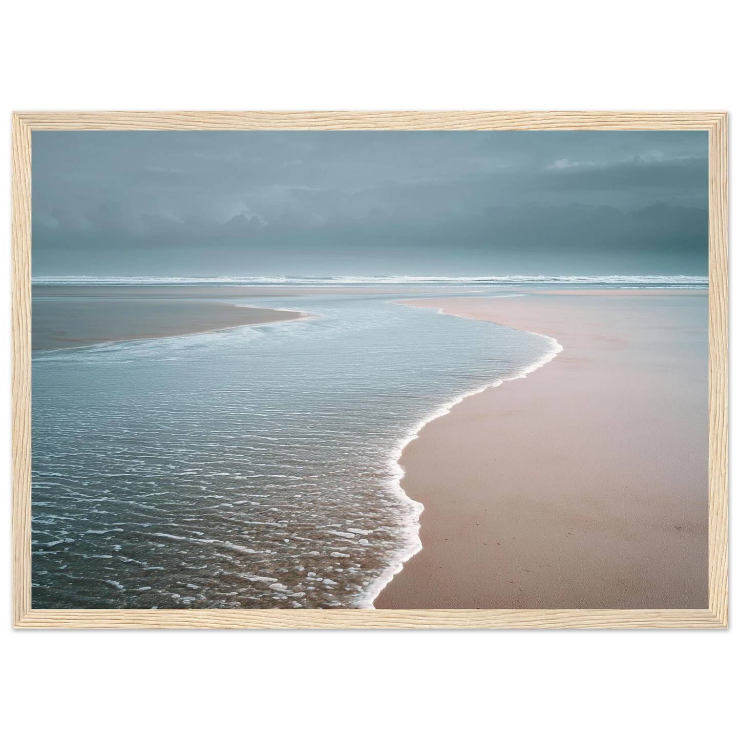 Muted coastal scene at low tide, framed in light oak